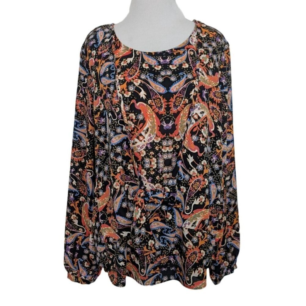 Belle & Sky Bird Paisley Blouse Womens Size Large Black Knotted Tie Front